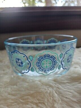 Vintage Pyrex 2.5L Blue Medallion Glass Mixing Bowl 8.5" Clear Mosaic Teal